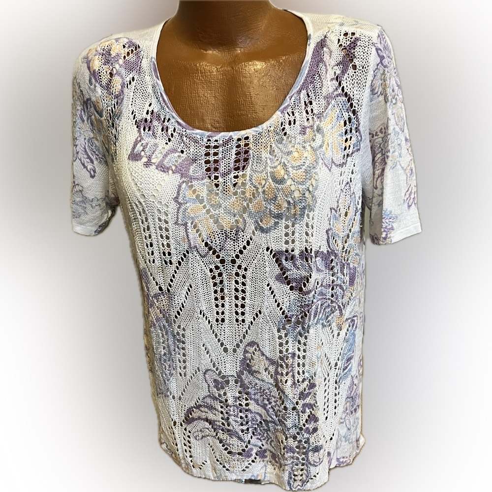 Chico’s linen rayon knit delicate short sleeve top size 2 / L 12/14 print
